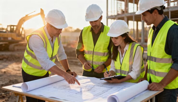 MMV Engineering team reviewing site plans with a contractor